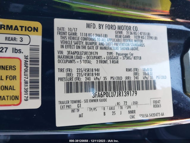 Ford Fusion Hybrid Se 2018 3FA6P0LU7JR139179 Image 9