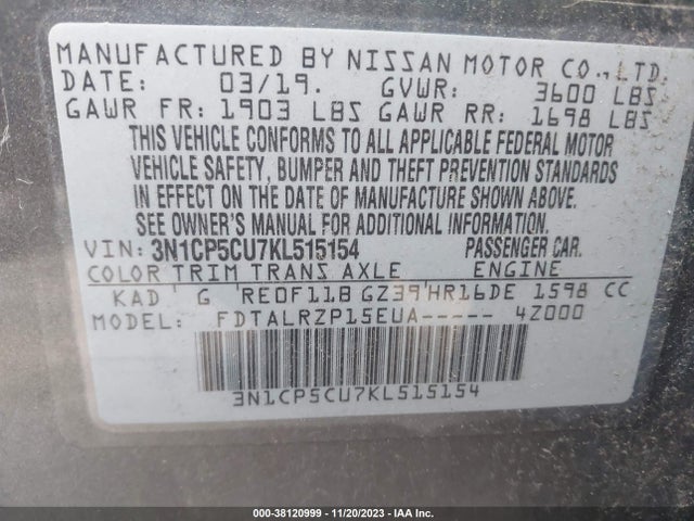 2019 NISSAN KICKS S VIN: 3N1CP5CU7KL515154