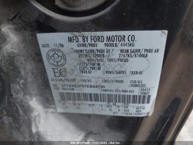 2007 FORD F-250 XLT/LARIAT/XL VIN: 1FTSX21P57EB44720