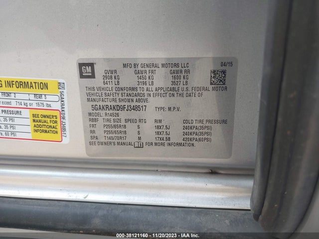 2015 BUICK ENCLAVE CONVENIENCE VIN: 5GAKRAKD9FJ348517