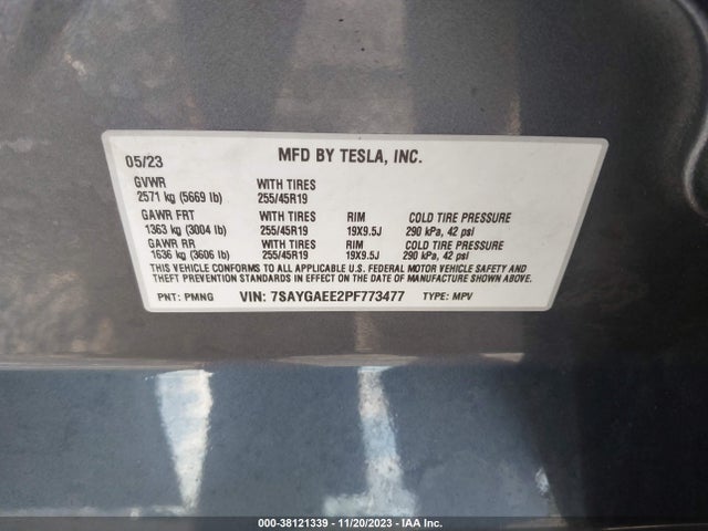 2023 TESLA MODEL Y VIN: 7SAYGAEE2PF773477