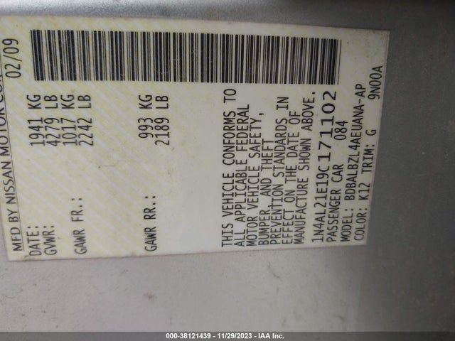 2009 NISSAN ALTIMA 2.5 S VIN: 1N4AL21E19C171102