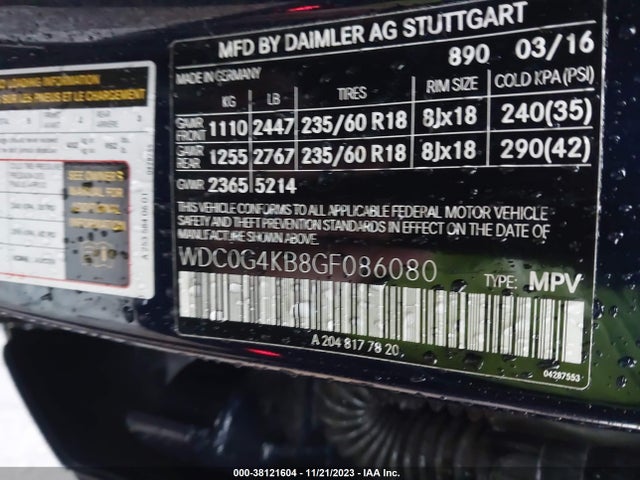 2016 MERCEDES-BENZ GLC 300 VIN: WDC0G4KB8GF086080