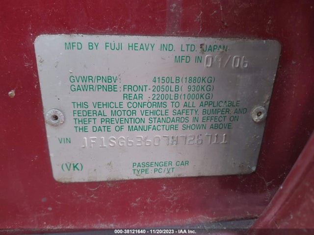 Aukcja sprzedaży 2007 Subaru Forester 2.5x, vin: JF1SG63607H726711, numer aukcji: 38121640
