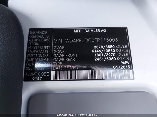 Mercedes-Benz Sprinter 2500 Normal Roof 2015 WD4PE7DC0FP115006 Image 9