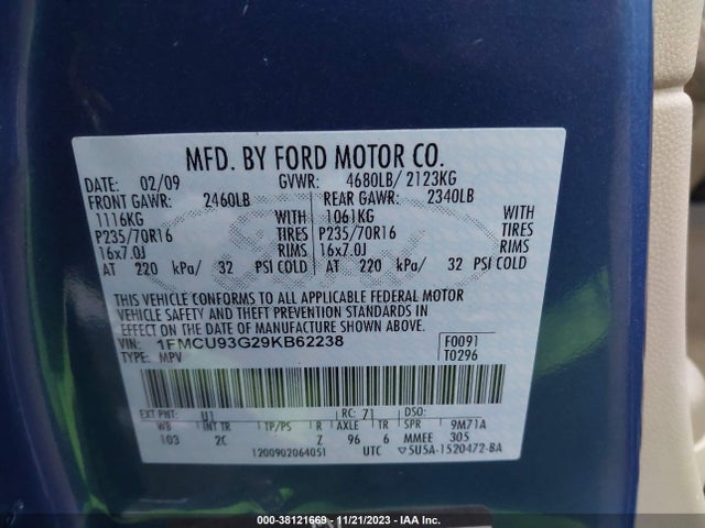 2009 FORD ESCAPE XLT VIN: 1FMCU93G29KB62238