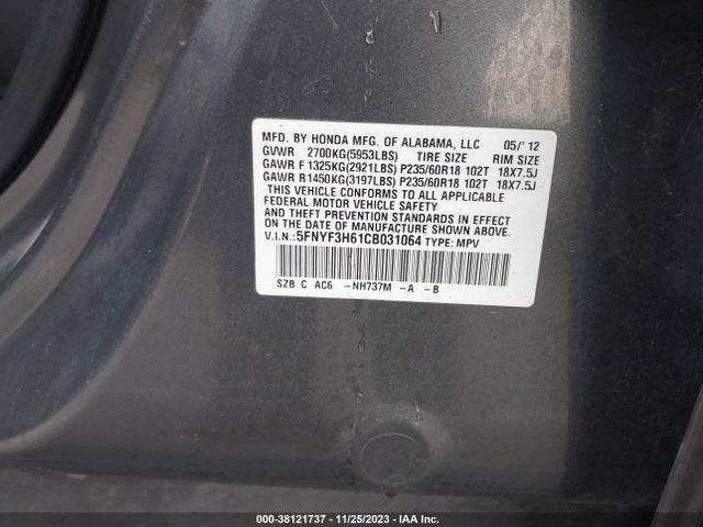 2012 HONDA PILOT EX-L VIN: 5FNYF3H61CB031064