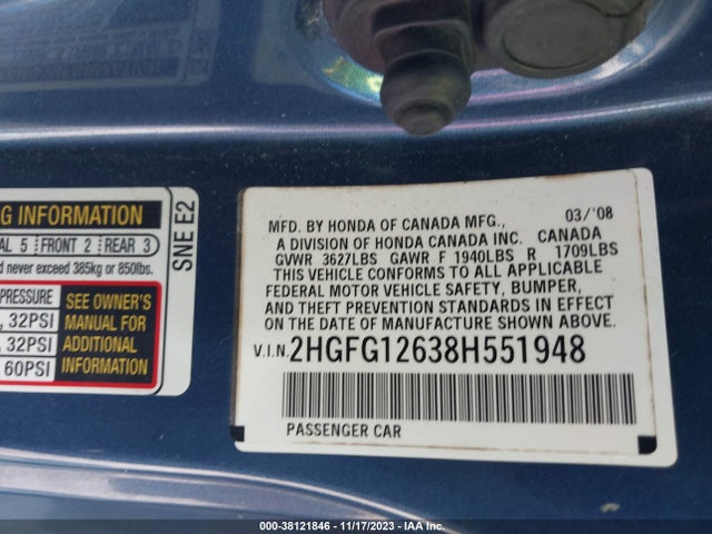 2008 HONDA CIVIC LX VIN: 2HGFG12638H551948