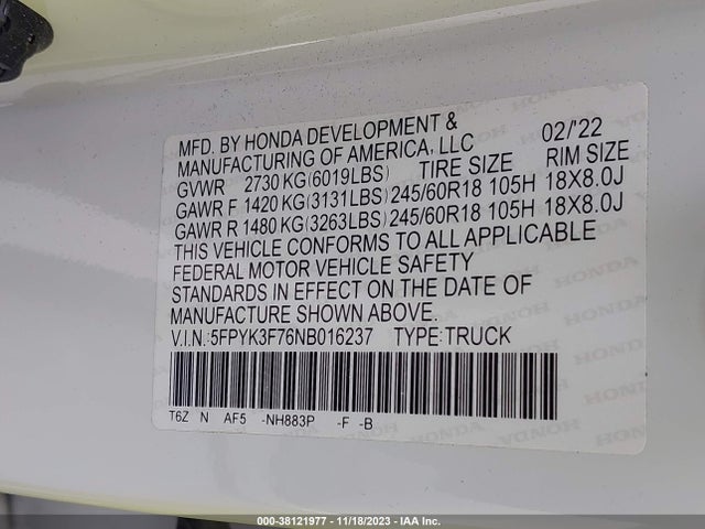 Honda Ridgeline Rtl-e 2022 5FPYK3F76NB016237 Image 9