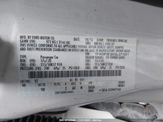 2016 FORD FOCUS SE VIN: 1FADP3F20GL371651