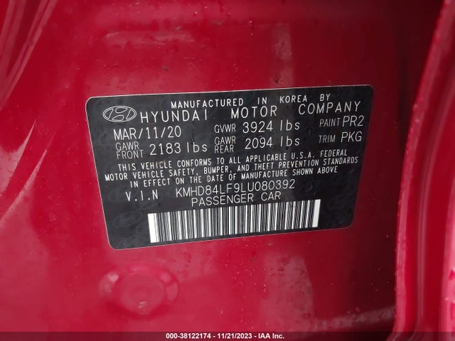 Aukcja sprzedaży 2020 Hyundai Elantra Value Edition, vin: KMHD84LF9LU080392, numer aukcji: 38122174