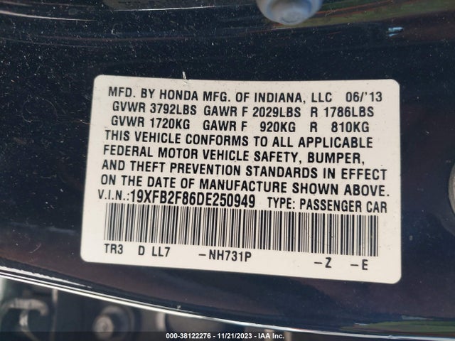 2013 HONDA CIVIC SDN EX VIN: 19XFB2F86DE250949
