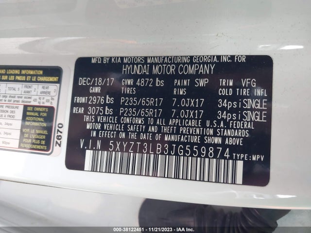 2018 HYUNDAI SANTA FE SPORT 2.4L VIN: 5XYZT3LB3JG559874