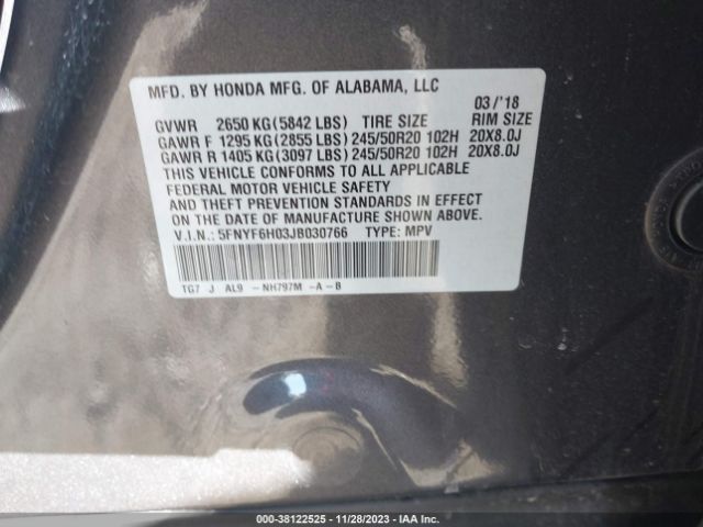 5FNYF6H03JB030766 Honda Pilot Elite