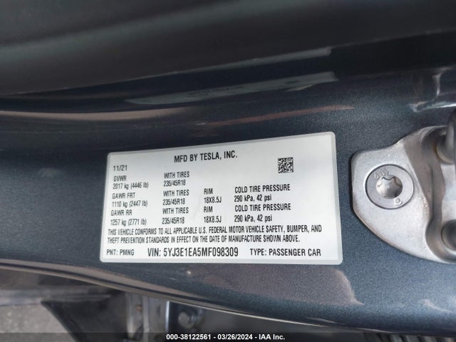 Tesla Model 3 Standard Range Plus Rear-wheel Drive 2021 5YJ3E1EA5MF098309 Image 9