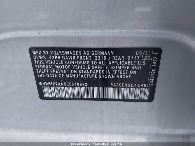 2012 VOLKSWAGEN CC SPORT VIN: WVWMP7AN5CE518922