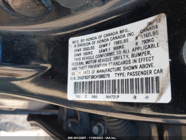2012 HONDA CIVIC LX VIN: 2HGFB2F58CH588279