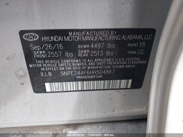 2017 HYUNDAI SONATA VIN: 5NPE24AF6HH504867