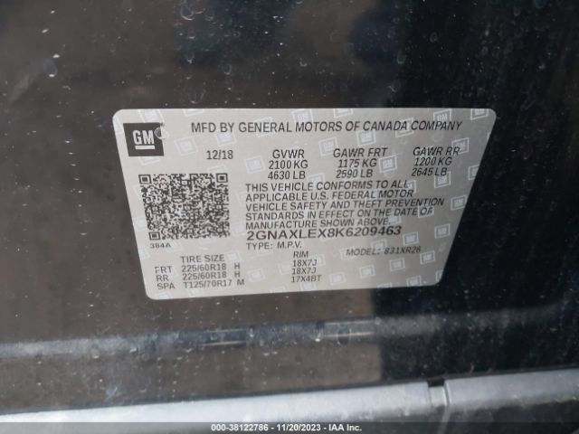 2GNAXLEX8K6209463 Chevrolet EQUINOX LT