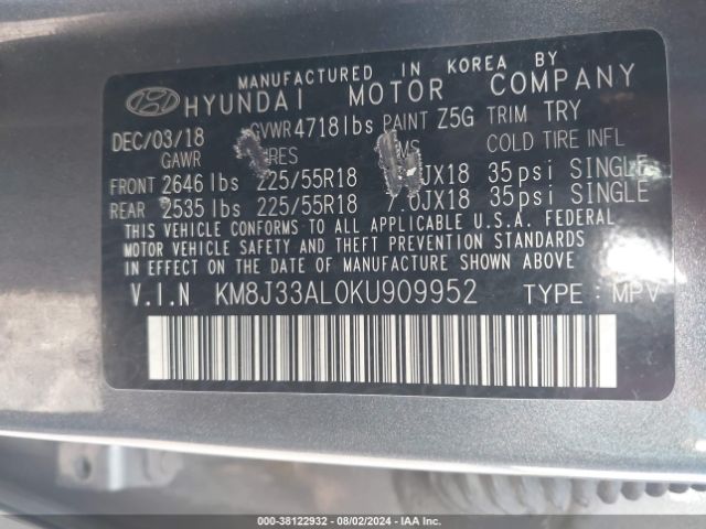 KM8J33AL0KU909952 Hyundai Tucson Limited