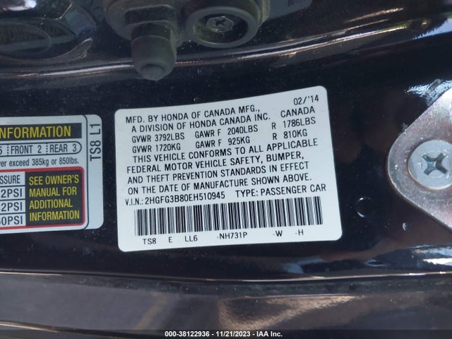 Honda CIVIC EX 2014 2HGFG3B80EH510945 Image 9