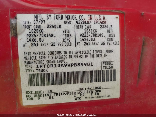 1997 FORD RANGER SPLASH/XLT VIN: 1FTCR10A9VPB39981