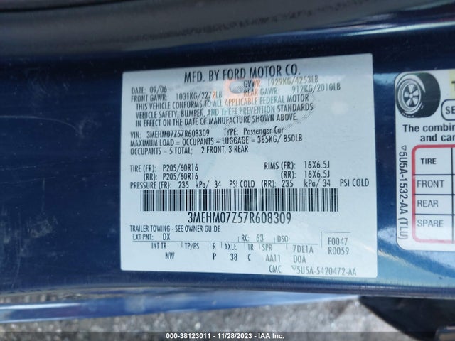 Продажа на аукционе авто 2007 Mercury Milan I4, vin: 3MEHM07Z57R608309, номер лота: 38123011