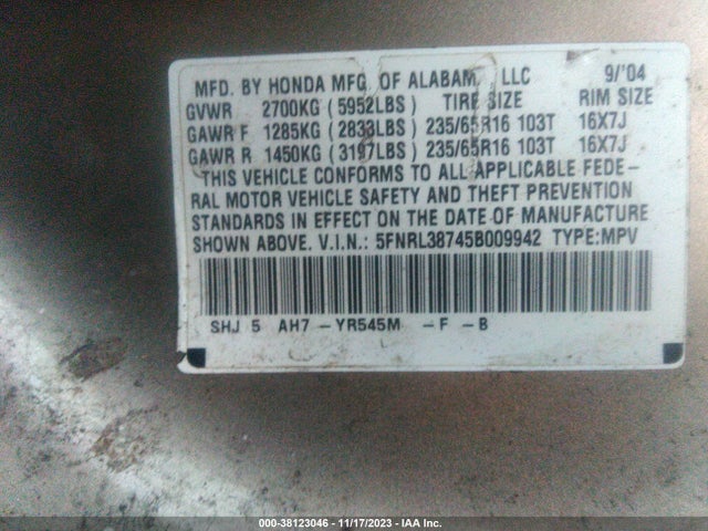 2005 HONDA ODYSSEY EX-L VIN: 5FNRL38745B009942