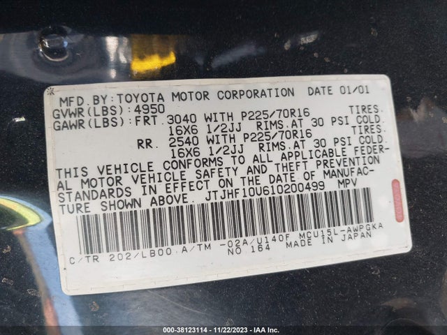 2001 LEXUS RX 300 BASE (A4) VIN: JTJHF10U610200499