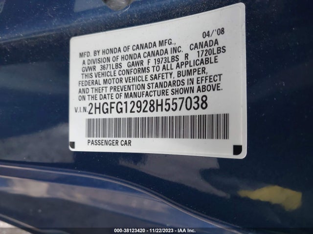 2008 HONDA CIVIC EX-L VIN: 2HGFG12928H557038
