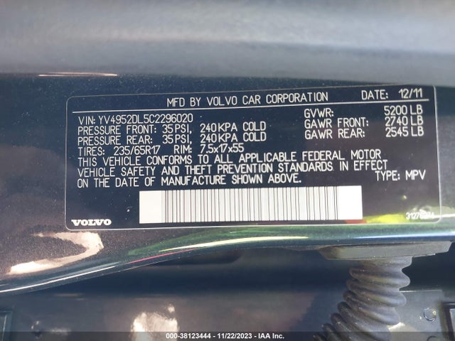 2012 VOLVO XC60 3.2/3.2 PLATINUM VIN: YV4952DL5C2296020