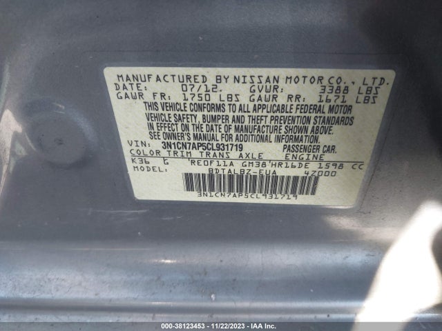 2012 NISSAN VERSA 1.6 SV VIN: 3N1CN7AP5CL931719