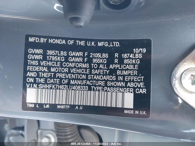 2020 HONDA CIVIC EX VIN: SHHFK7H62LU408333
