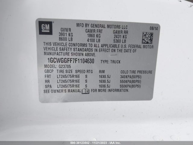 Chevrolet Express 2500 Work Van 2015 1GCWGGFF7F1104630 Image 9