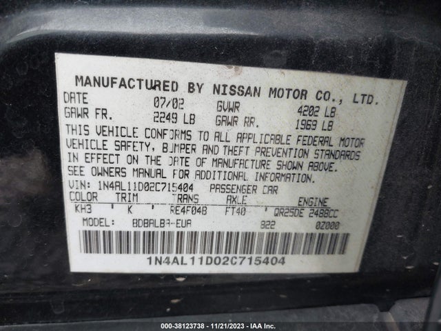 2002 NISSAN ALTIMA S VIN: 1N4AL11D02C715404