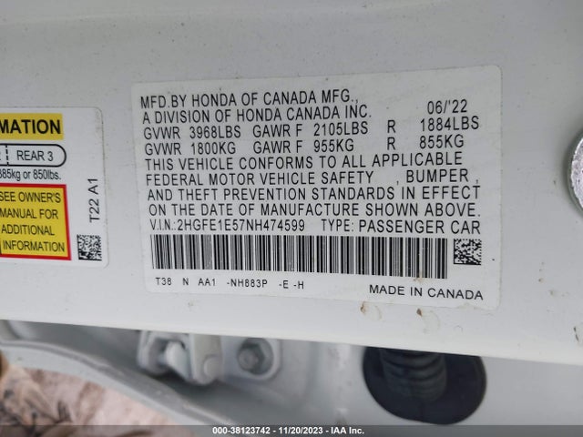 2022 HONDA CIVIC SI VIN: 2HGFE1E57NH474599