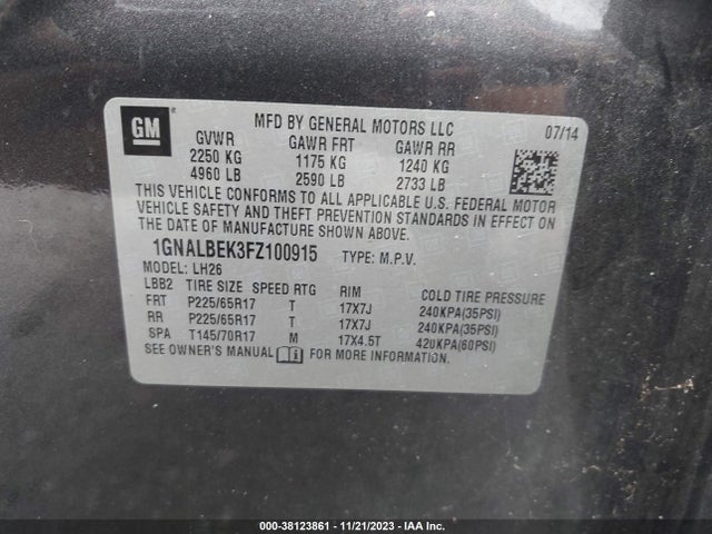 Chevrolet EQUINOX 1LT 2015 1GNALBEK3FZ100915 Image 9