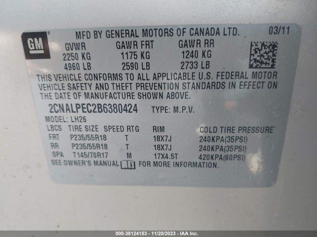 2011 CHEVROLET EQUINOX 2LT VIN: 2CNALPEC2B6380424