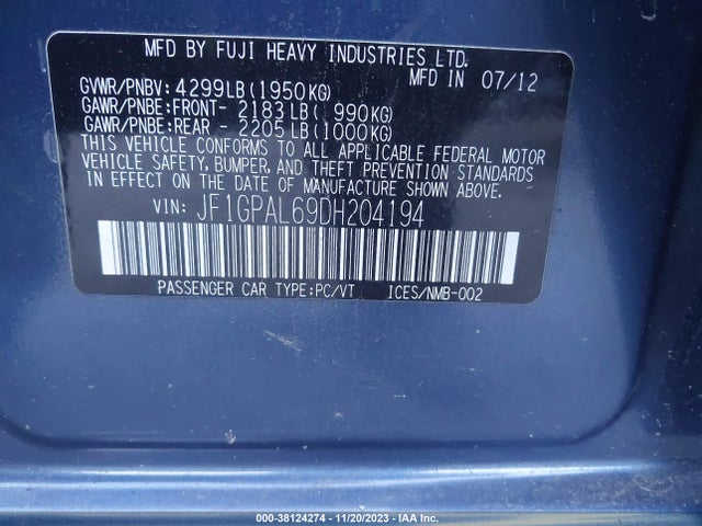 2013 SUBARU IMPREZA 2.0I SPORT PREMIUM VIN: JF1GPAL69DH204194