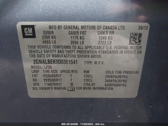 2013 CHEVROLET EQUINOX LS VIN: 2GNALBEK9D6361541