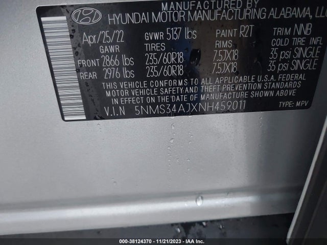 2022 HYUNDAI SANTA FE SEL VIN: 5NMS34AJXNH459011