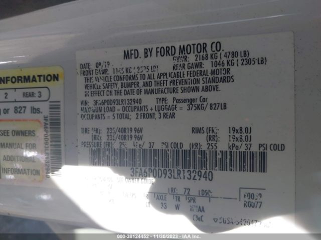 2020 FORD FUSION 3FA6P0D93LR132940 Photo 8