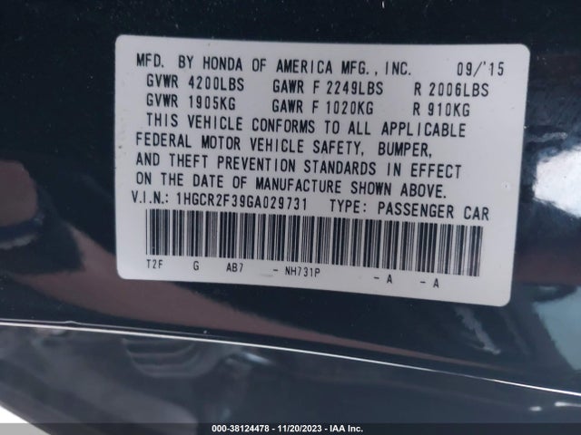 Honda ACCORD LX 2016 1HGCR2F39GA029731 Image 9