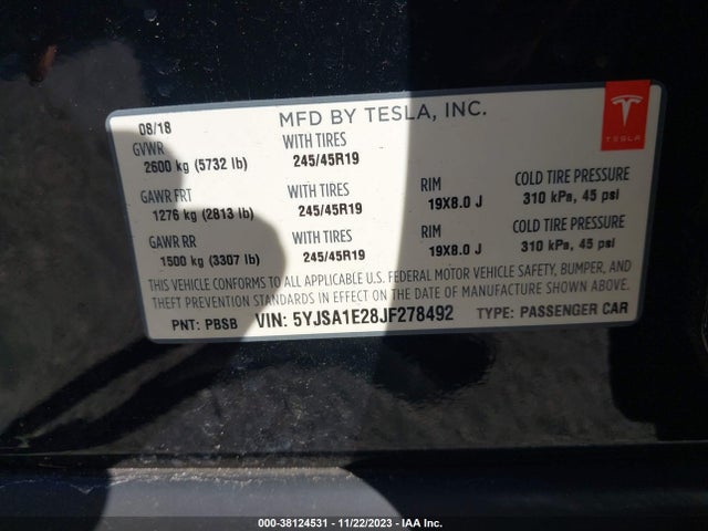 2018 TESLA MODEL S 5YJSA1E28JF278492 Photo 8