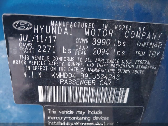 2018 HYUNDAI ELANTRA SPORT VIN: KMHD04LB9JU524243