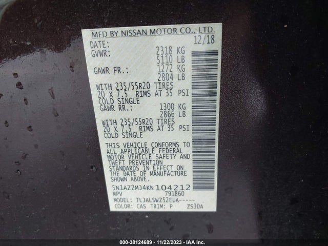 Nissan Murano Platinum 2019 5N1AZ2MJ4KN104212 Image 9