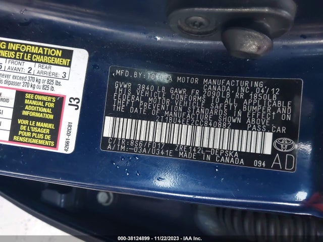 2012 TOYOTA COROLLA S VIN: 2T1BU4EE2CC840882