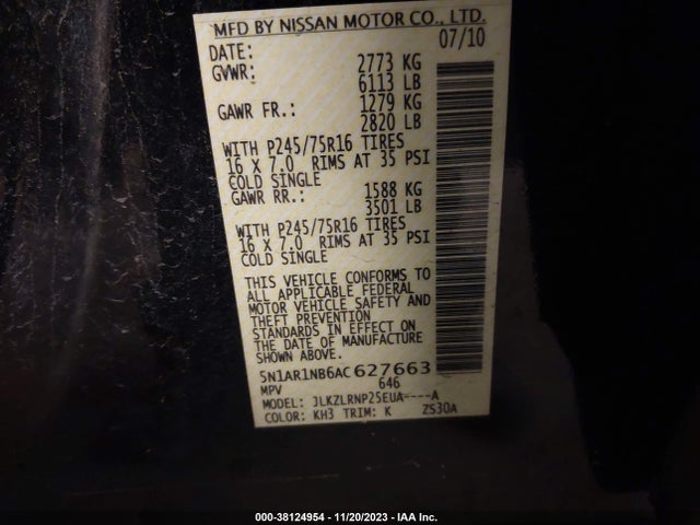 2010 NISSAN PATHFINDER S VIN: 5N1AR1NB6AC627663