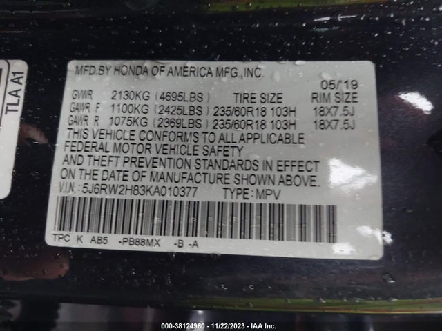 Honda Cr-v Ex-l 2019 5J6RW2H83KA010377 Image 9