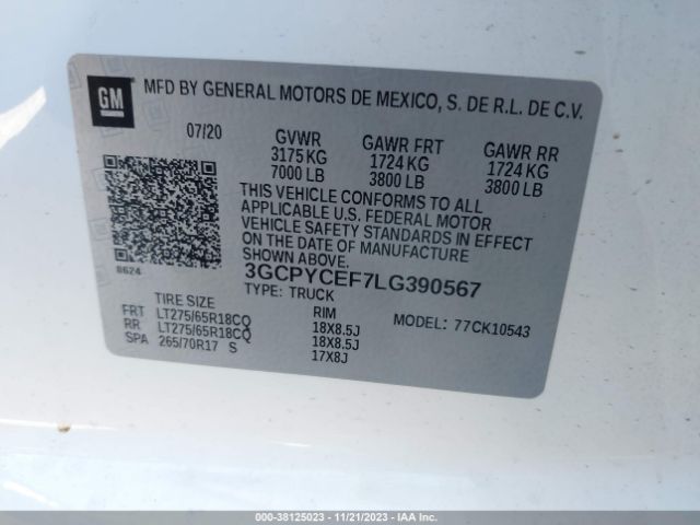 3GCPYCEF7LG390567 Chevrolet Silverado 1500 4wd  Short Bed Custom Trail Boss